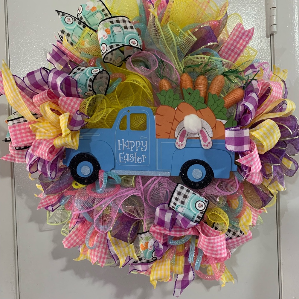 Colorful Easter Wreath with Blue Truck&Carrots